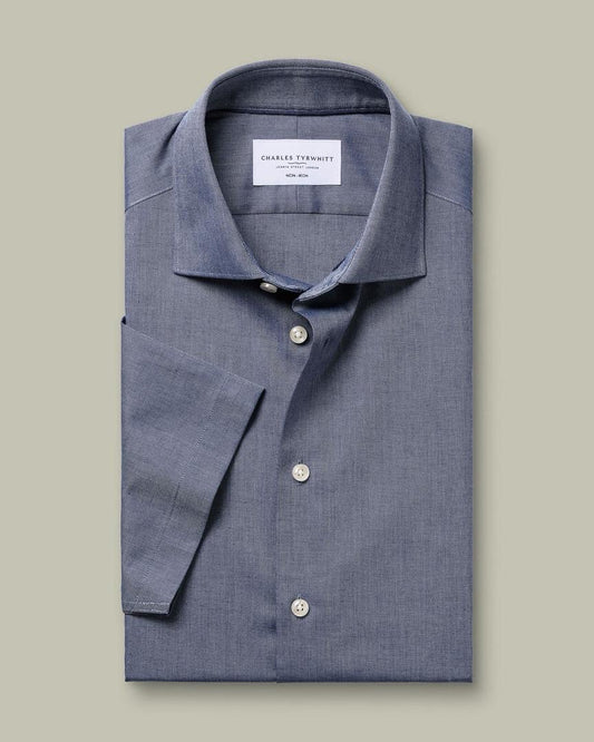 Short Sleeve Non-Iron Cotton Linen Slim Fit Shirt - Navy