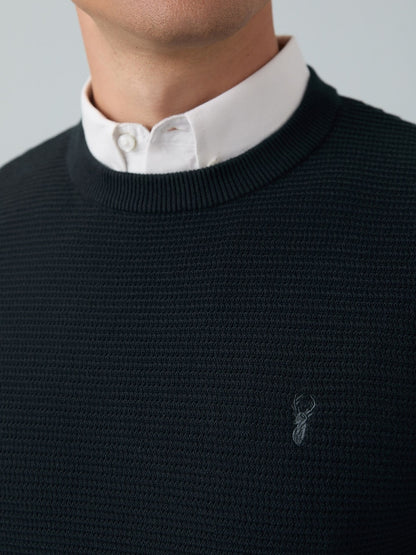 Navy Blue Regular Fit Textured Oxford Mock Shirt Jumper