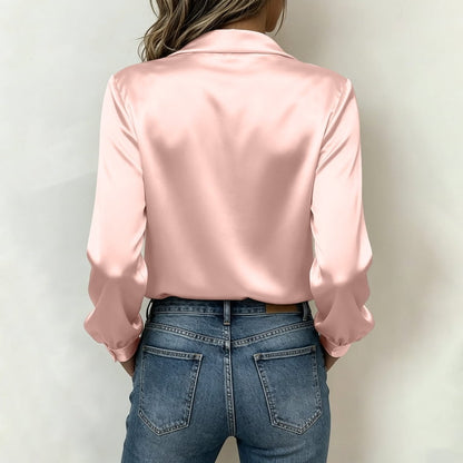 Women Cowl Neck Long Sleeve Satin Blouse Elegant Casual