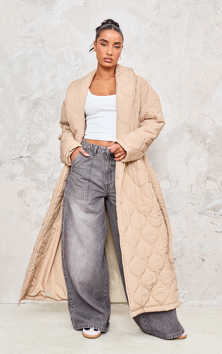 Stone Maxi Belted Quilted Coat