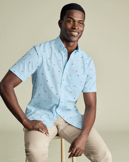 Fish Print Slim Fit Button Down Short Sleeve Shirt