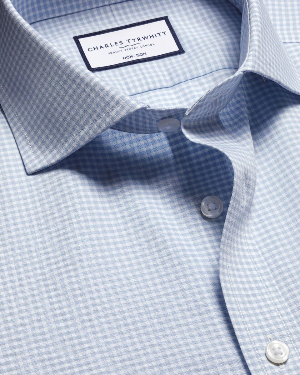 Cutaway Collar Non-Iron Stretch Poplin Gingham Slim Fit Shirt - Ice Blue