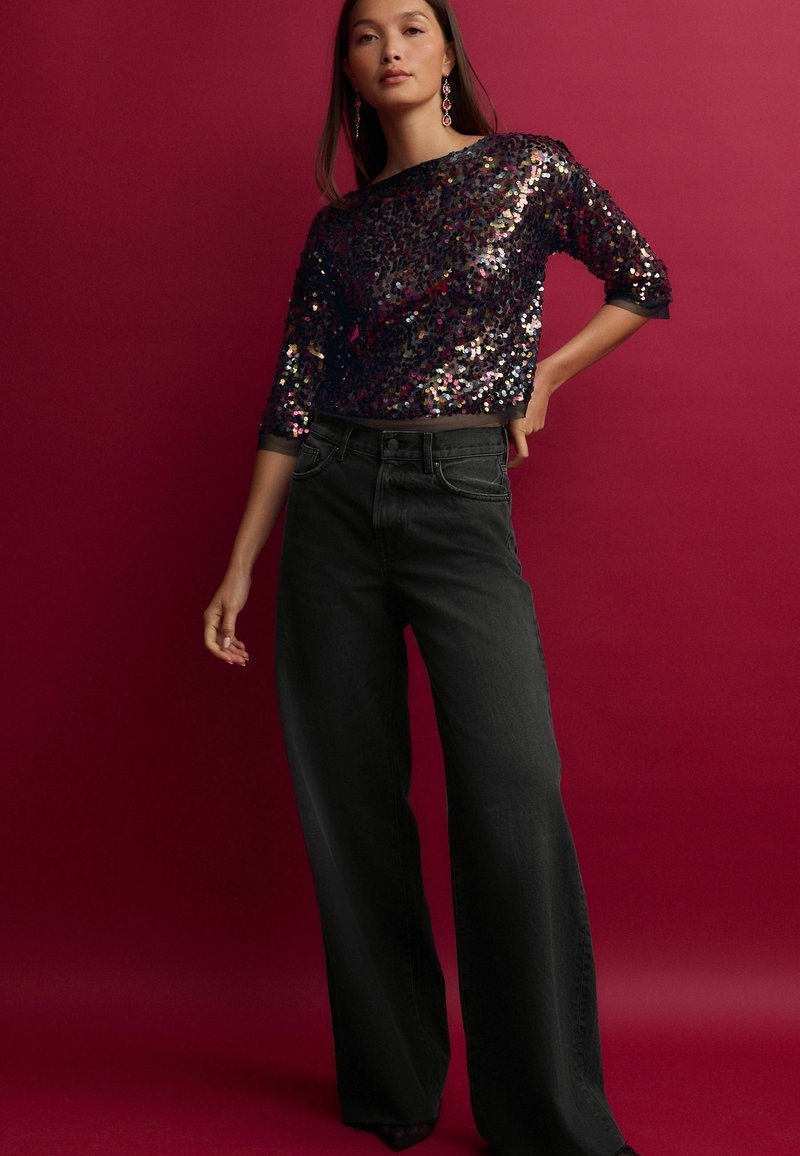 Petite Black/Pink Sequin Quarter Sleeve Mesh Top