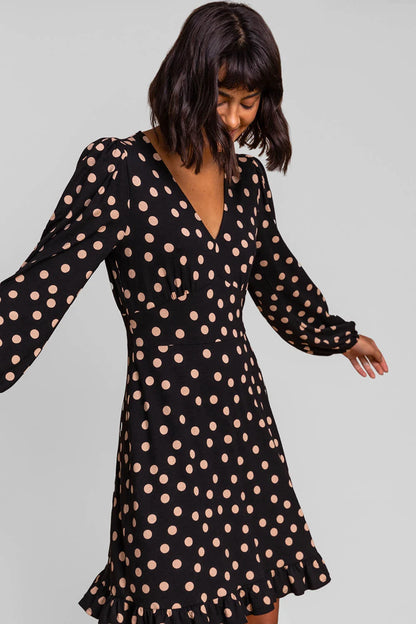 Black Frill Detail Spot Stretch Dress