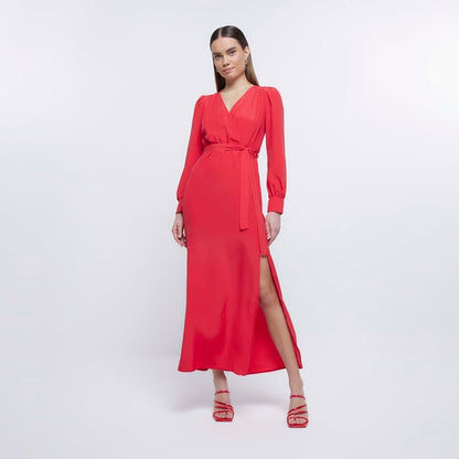 Wrap Dress Red Cara Midaxi Long Sleeve