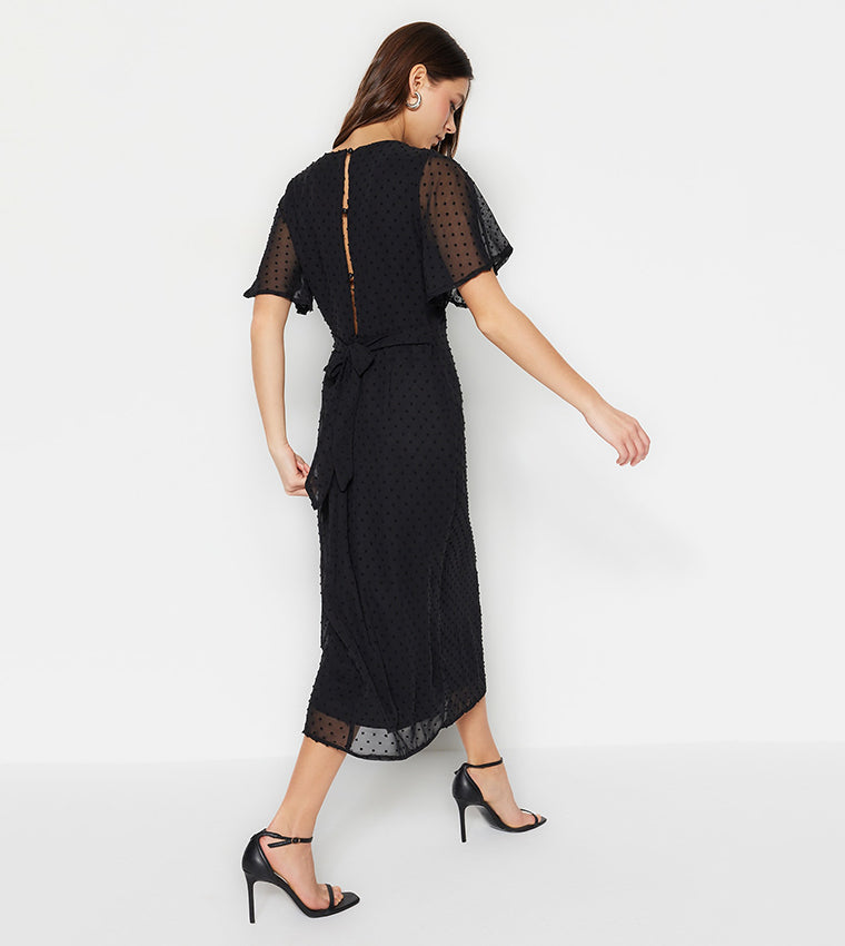 Black Woven Flared Sleeves Midi Dress