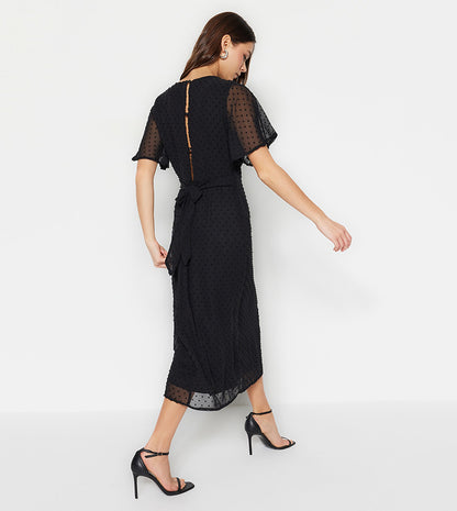 Black Woven Flared Sleeves Midi Dress