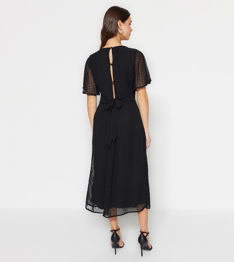 Black Woven Flared Sleeves Midi Dress