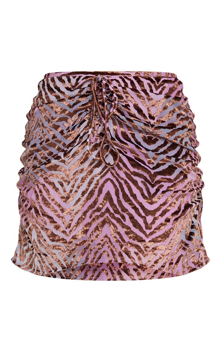 Lilac Zebra Devore Ruched Dip Waist Mini Skirt