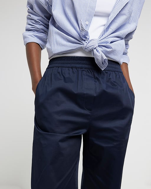 Womens Wide Leg Trousers Navy Pull On