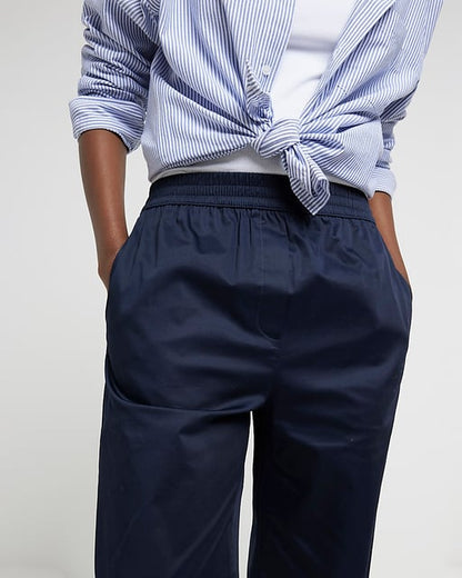 Womens Wide Leg Trousers Navy Pull On