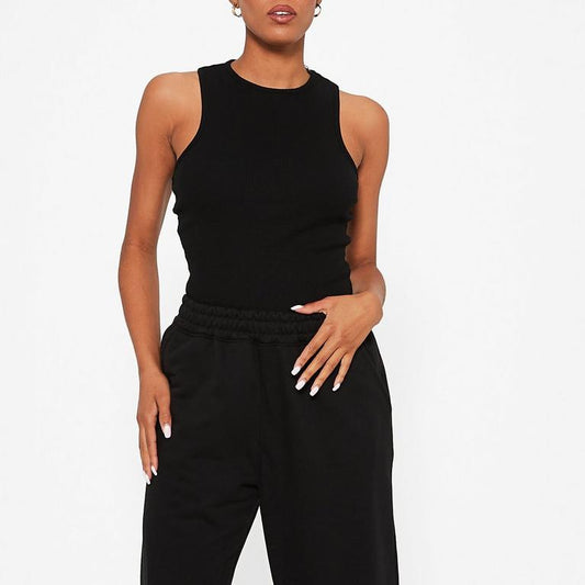 Black Rib Racer Neck Vest Crop Top