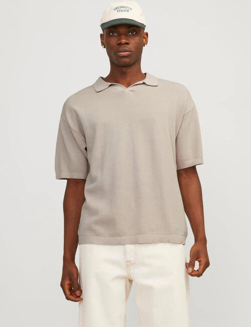 Linen Blend Knit Polo Shirt, Moonbeam