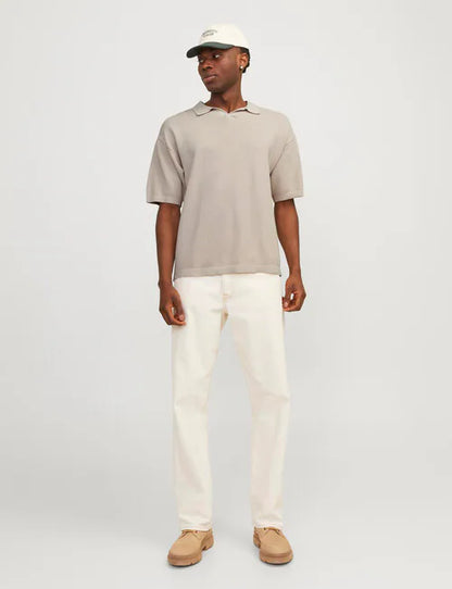 Linen Blend Knit Polo Shirt, Moonbeam