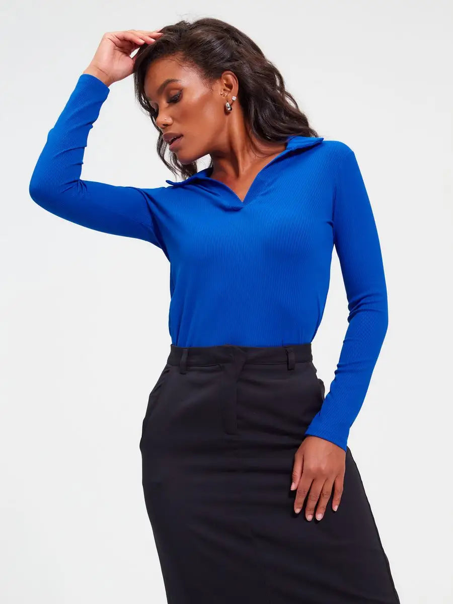 Cobalt Blue Collared Skinny Fit Rib Top