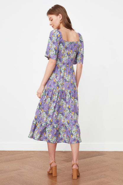 Purple Floral Woven Midi Dress