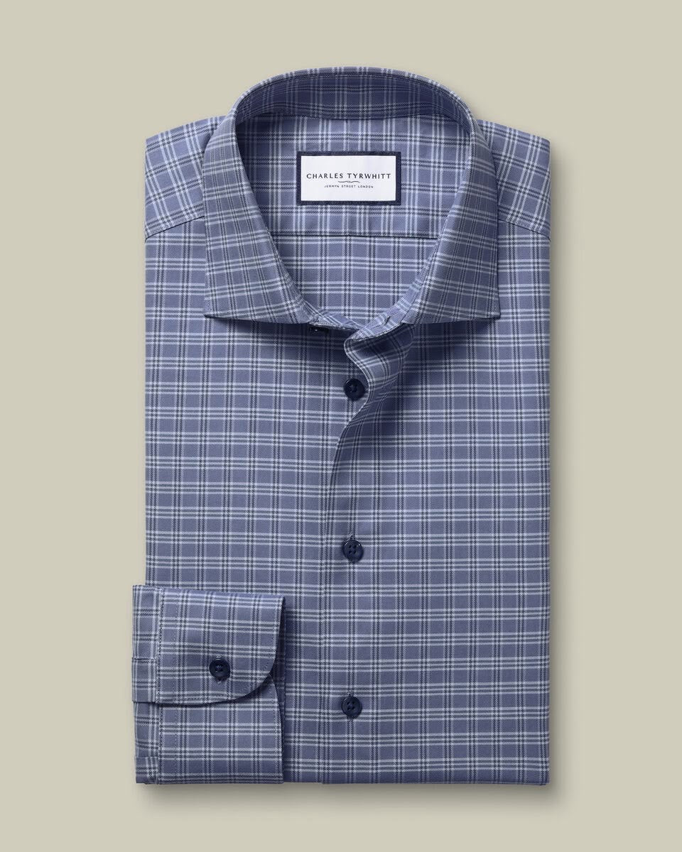 Semi-Cutaway Brushed Cotton Twill Check Slim Fit Shirt - Mid Blue