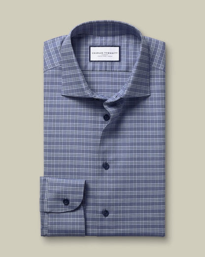 Semi-Cutaway Brushed Cotton Twill Check Slim Fit Shirt - Mid Blue