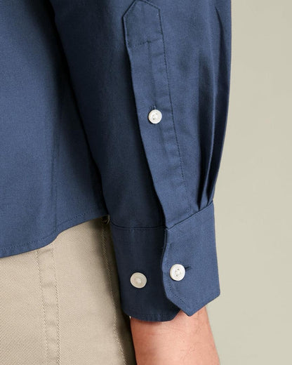 Collarless Stretch Washed Oxford Slim Fit Shirt - Airforce Blue