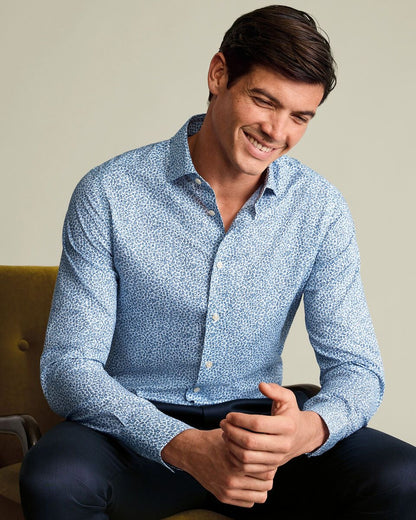 Semi-Cutaway Collar Non-Iron Stretch Floral Print Shirt – White & Sky Blue