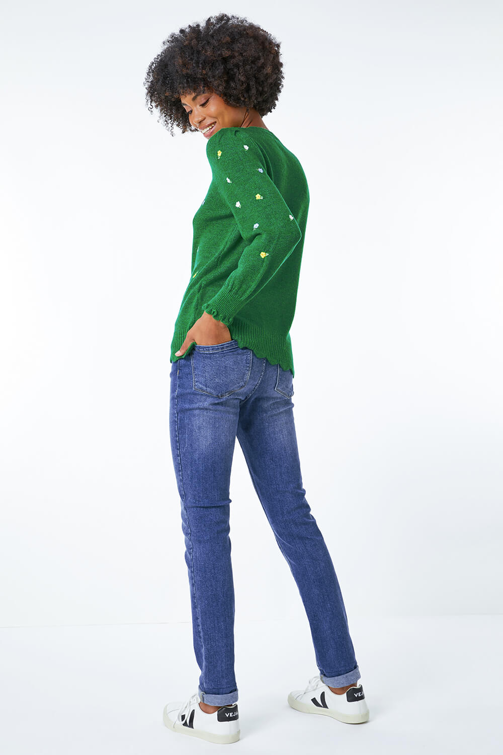 Green Floral Embroidered Scallop Hem Jumper