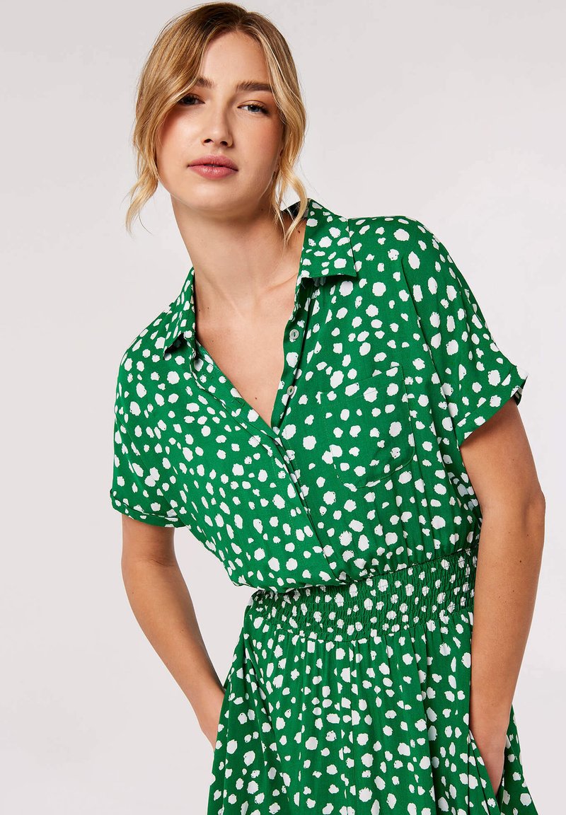 Green Spot Hanky Hem Midi Shirt Dress