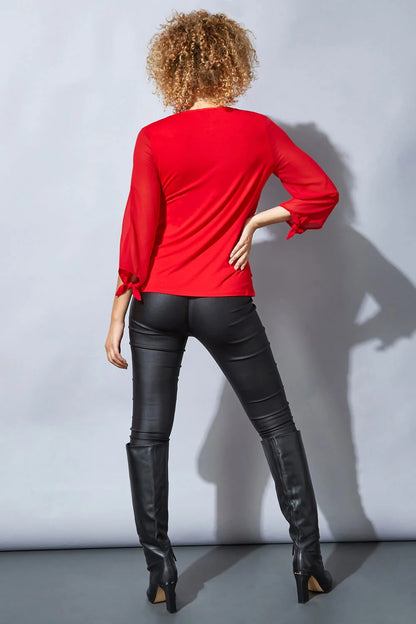 Red Jersey 3/4 Sleeve Chiffon Top