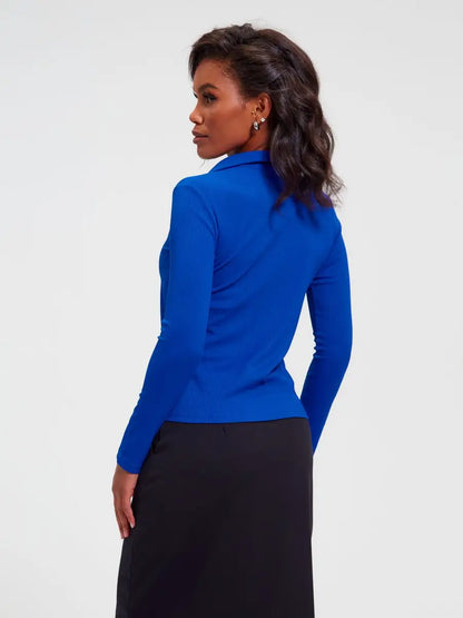 Cobalt Blue Collared Skinny Fit Rib Top