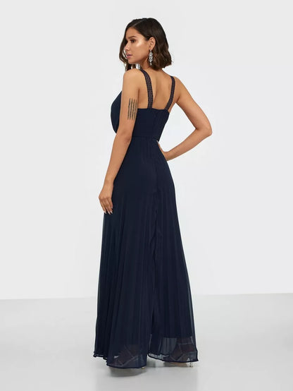 Lace Straps Navy Pleated Maxi Dress