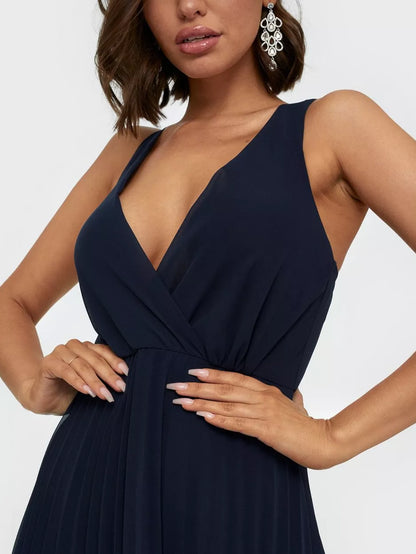 Lace Straps Navy Pleated Maxi Dress