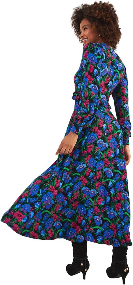 Petite Bright Floral Puff Sleeve Jersey Midi Dress