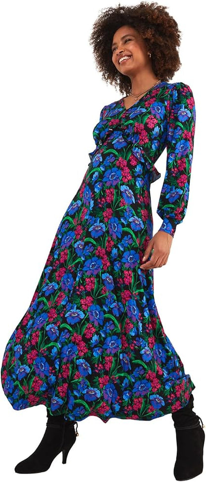 Petite Bright Floral Puff Sleeve Jersey Midi Dress