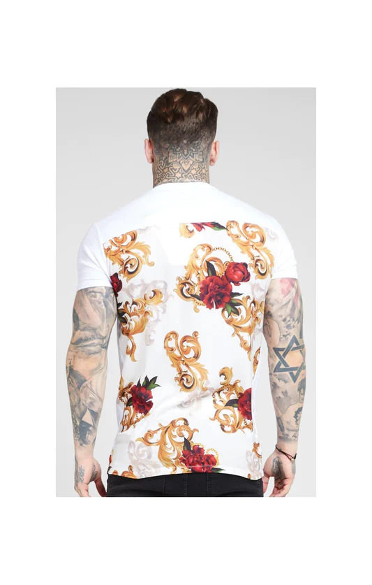 S/S Reverse Collar Tee – White & Floral Elegance