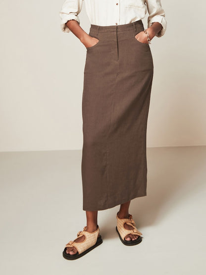 Next Brown Blend Linen Maxi Skirt