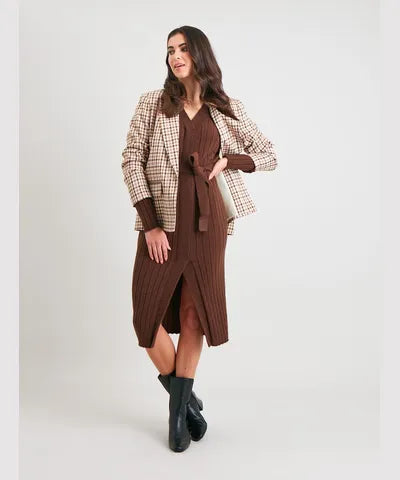 Brown Tie Belt Ribbed Jumper Dress