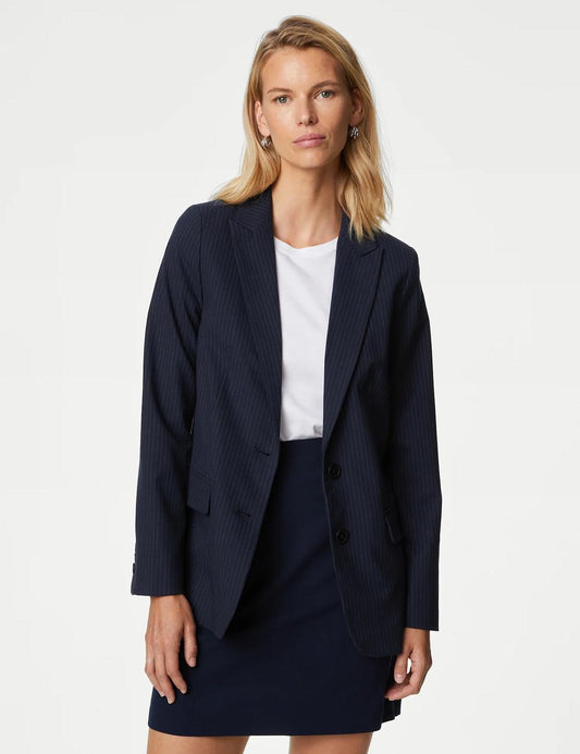 Relaxed Pinstripe Single Breasted Blazer Navy