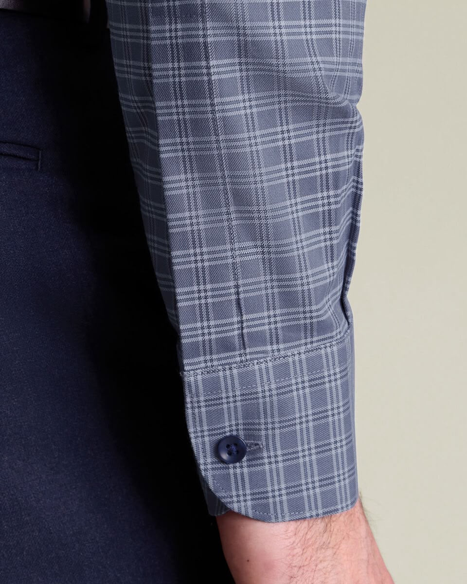 Semi-Cutaway Brushed Cotton Twill Check Slim Fit Shirt - Mid Blue
