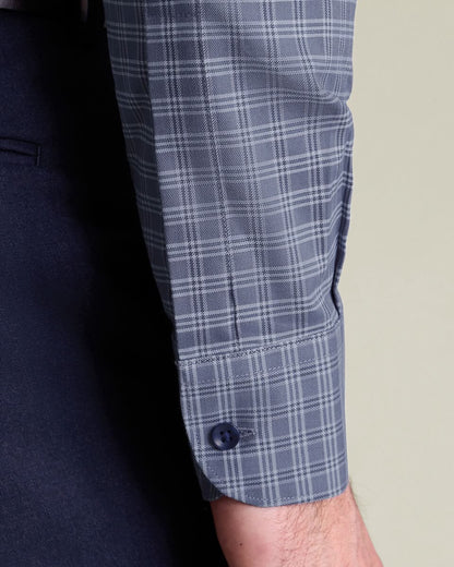 Semi-Cutaway Brushed Cotton Twill Check Slim Fit Shirt - Mid Blue