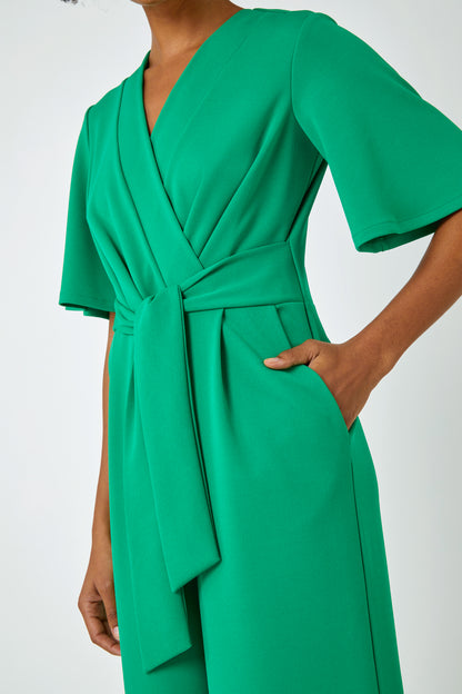 Green Angel Sleeve Cropped Wrap Jumpsuit