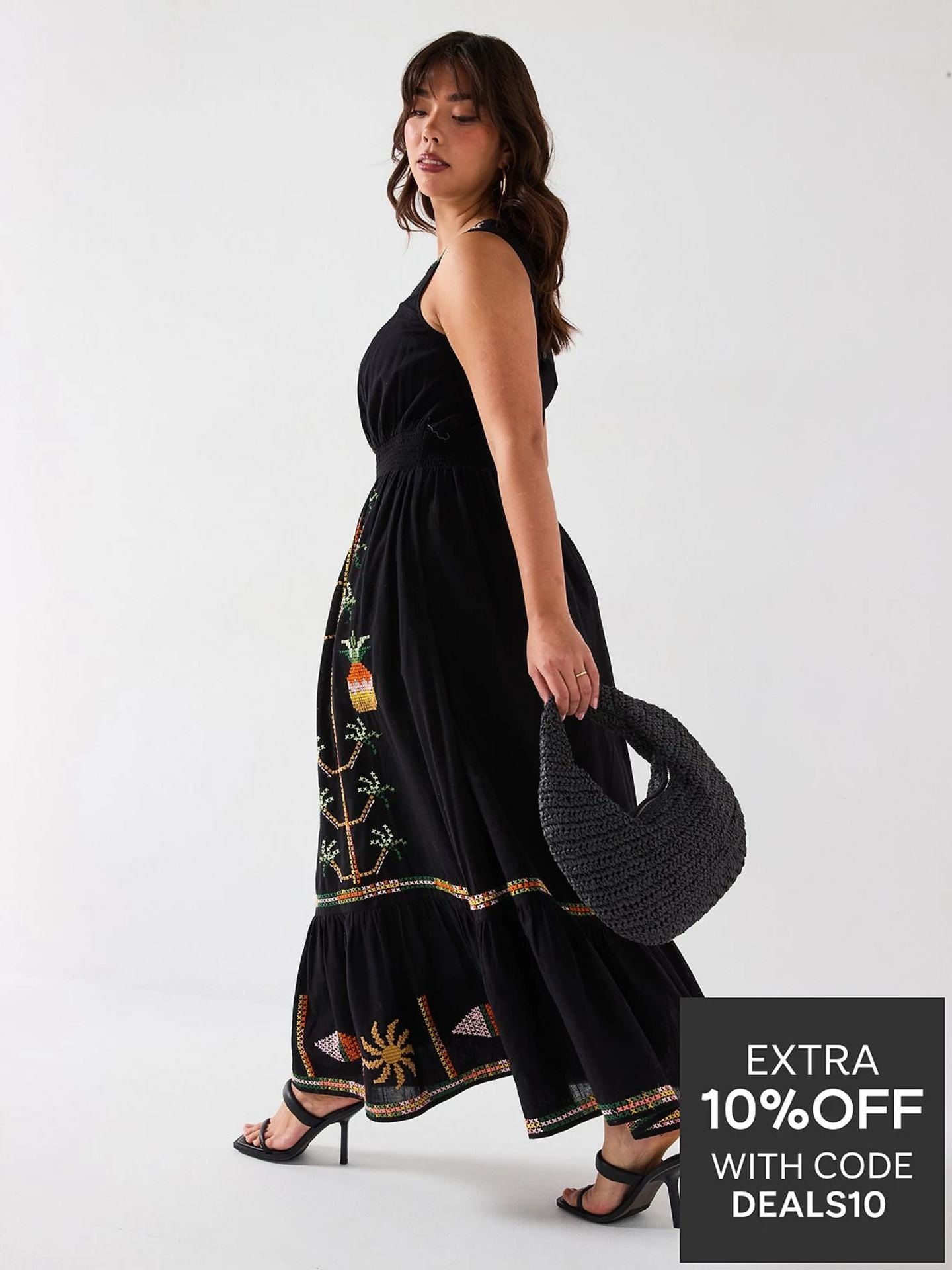 V by Very Curve Embroidered Shirred Waist Sleeveless Midaxi Dress - Black