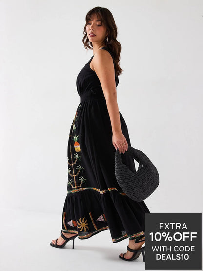 V by Very Curve Embroidered Shirred Waist Sleeveless Midaxi Dress - Black