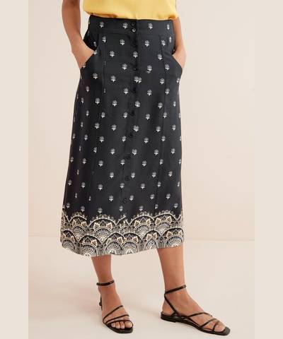 Button Front Print Border Skirt