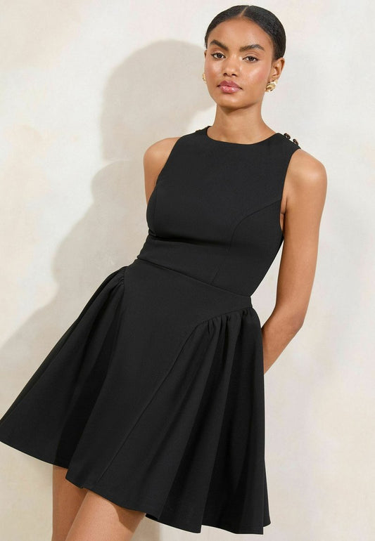 Black Sleeveless Crew Neck Mini Skater Dress
