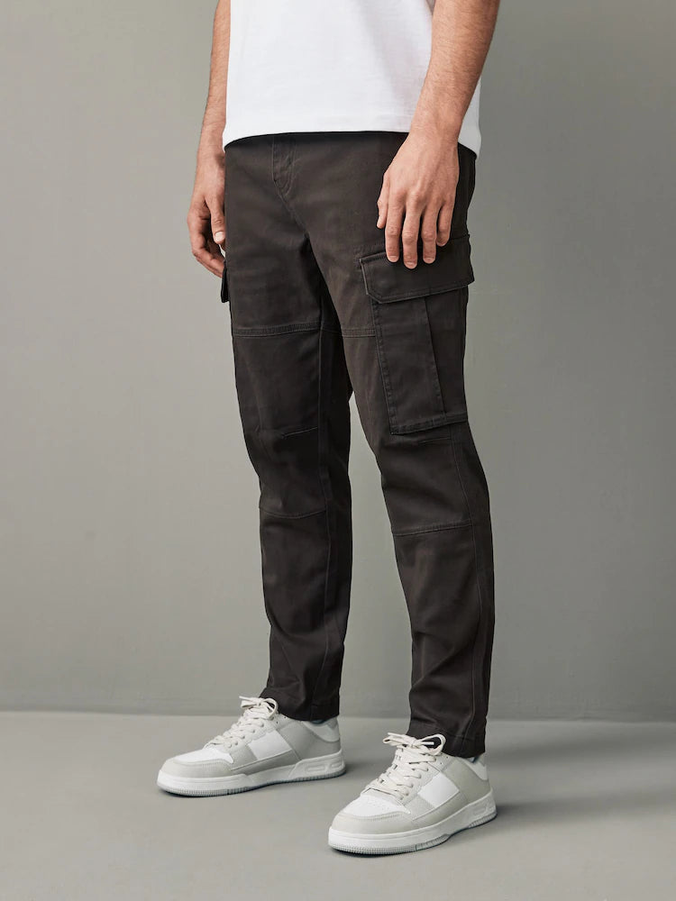 Brown Slim Fit Cotton Stretch Cargo Trousers