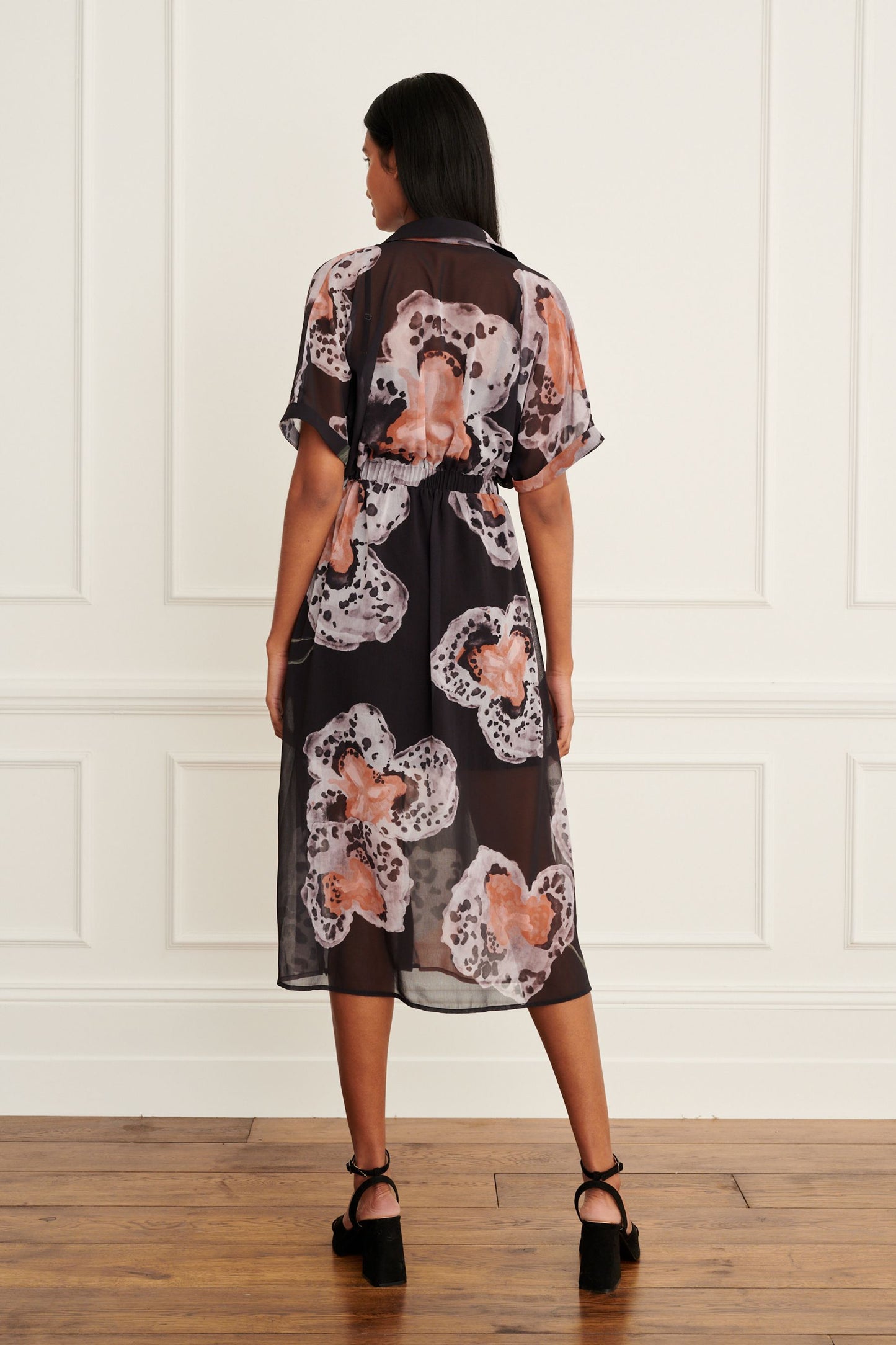 Black and Orange Printed Short Sleeve Tie Waist Midi Dress