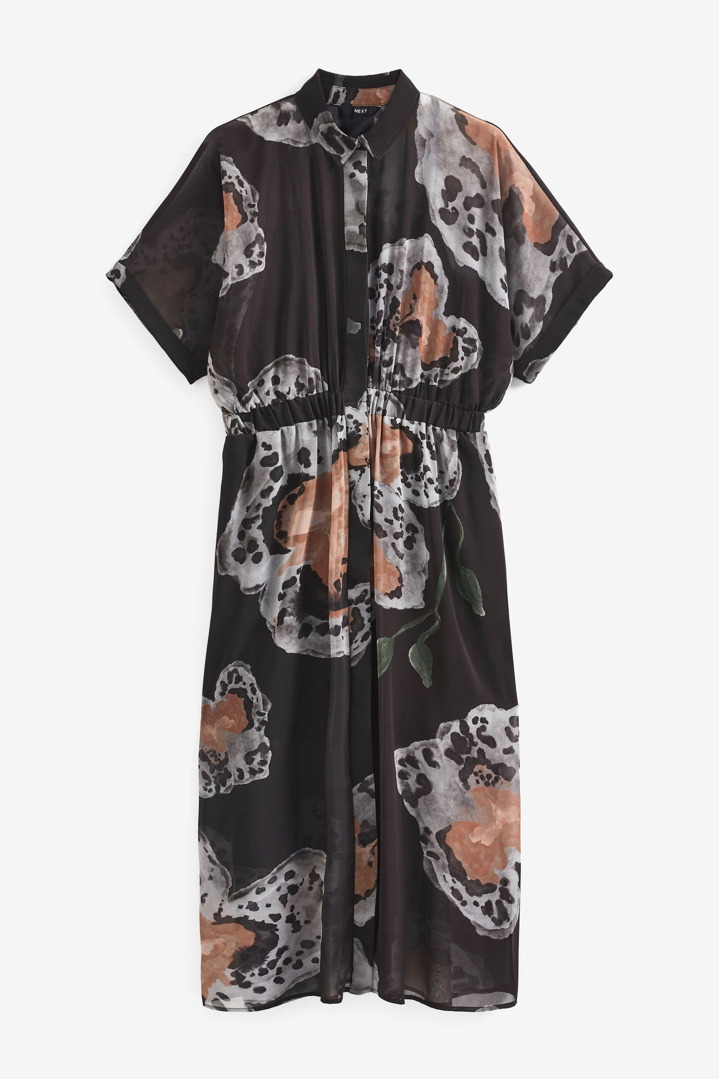 Black and Orange Printed Short Sleeve Tie Waist Midi Dress