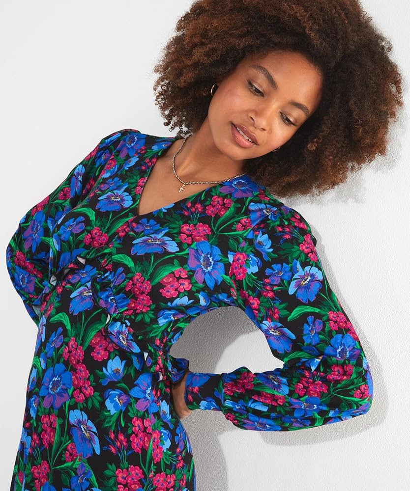 Petite Bright Floral Puff Sleeve Jersey Midi Dress