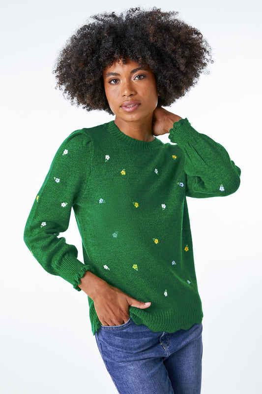 Green Floral Embroidered Scallop Hem Jumper