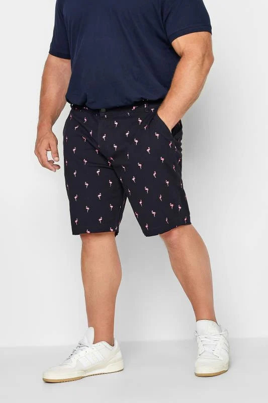 BadRhino Big & Tall Navy Blue Flamingo Embroidered Stretch Chino Shorts