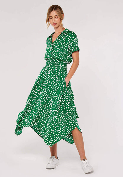 Green Spot Hanky Hem Midi Shirt Dress